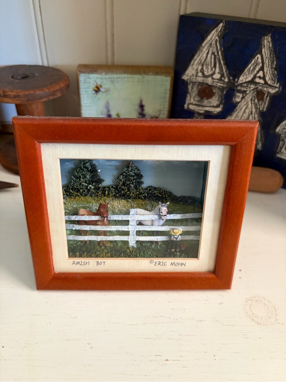 'Amish Boy' Framed Farm 3D Shadow Box Art - Red Wood Frame